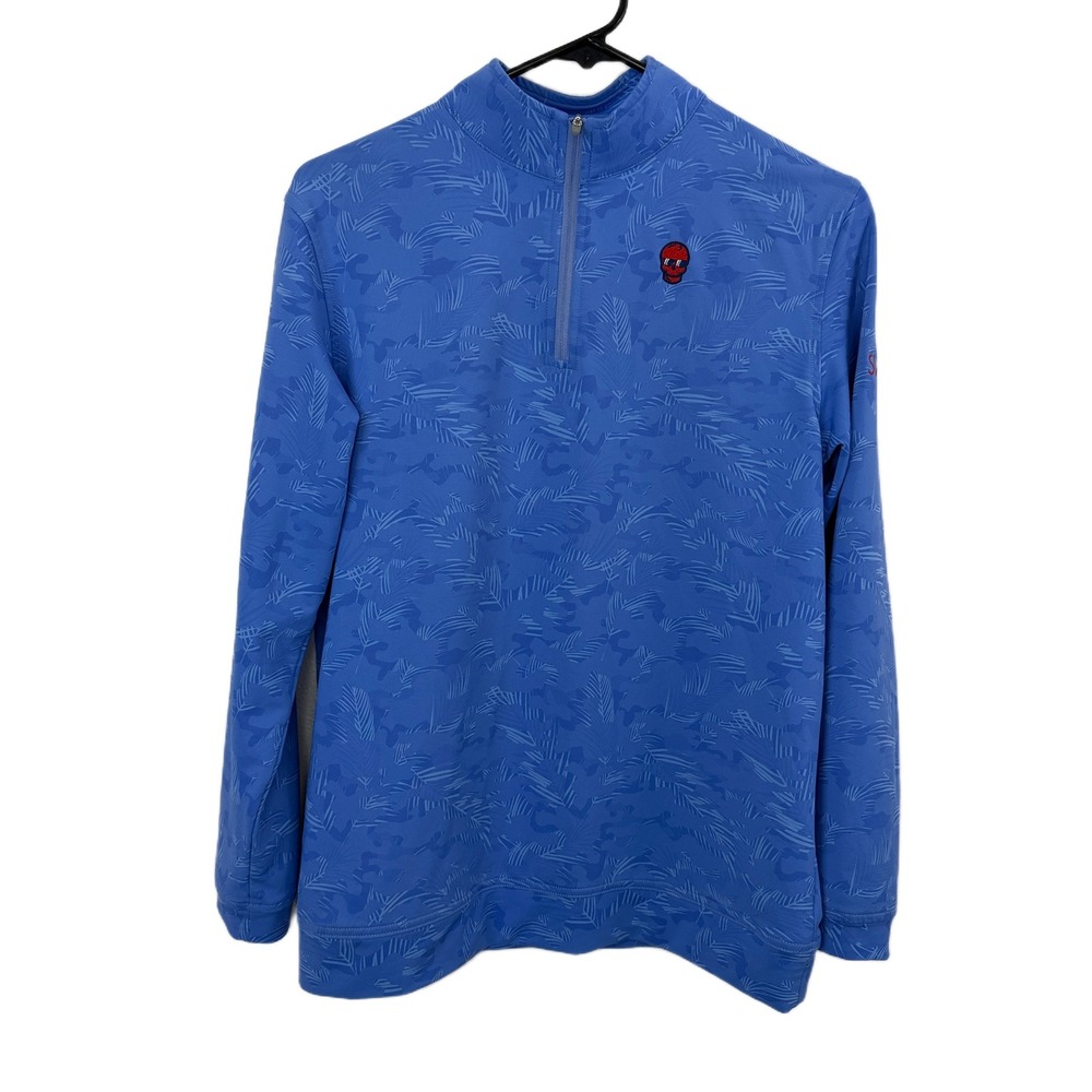 Peter Millar Perth Pullover Juniors Large Blue Swag Golf 1/4 Zip Palm Camo